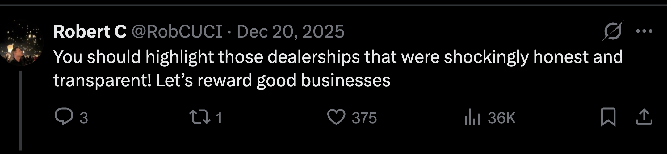 Robert C on X: You should highlight those dealerships that were shockingly honest and transparent! Let us reward good businesses.